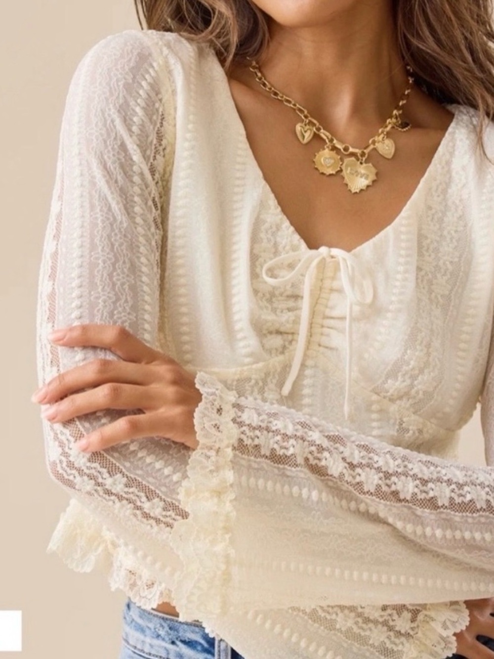 Altar'd State Cream Lace Long-Sleeve Drawstring Crop Top - Picture 2 of 3